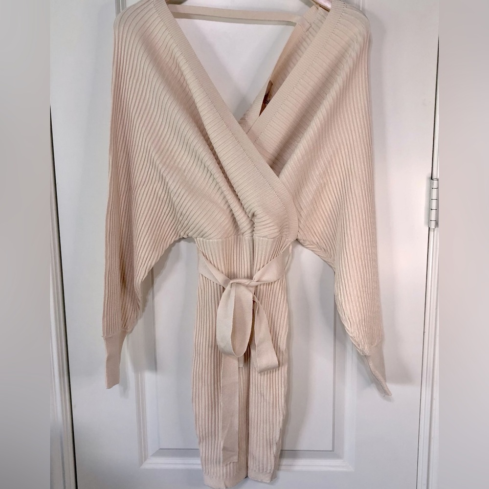 Love Tree Cream Ribbed Wrap Mini Dress